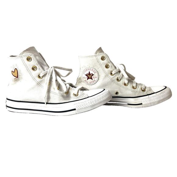 Converse All Star Hi-Top Ivory Canvas Sneaker Women's 7 Lace Up Shoes Gold Heart - Picture 3 of 11